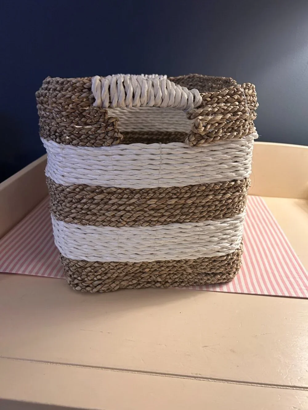 Rattan White and Tan Striped Basket With Handles